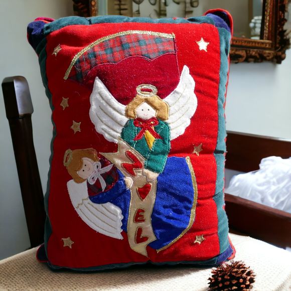 Velveteen Decorative Christmas Pillow Angel Noel Hanging Rectangle - Picture 1 of 9